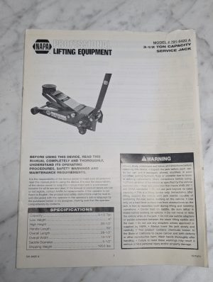 Napa Professional Lifting Equipment Model 791-6420 A Service Jack Manual Guide B