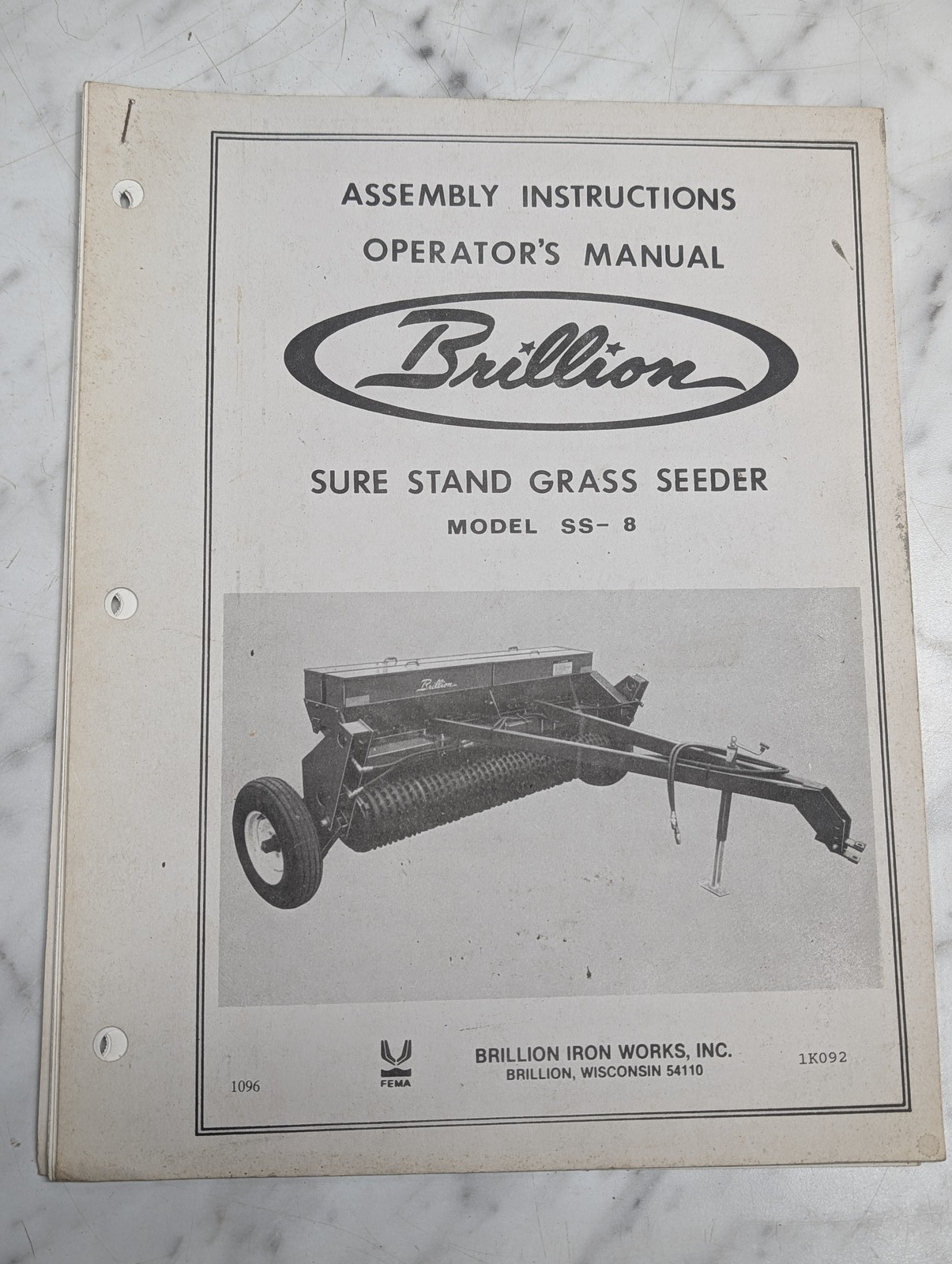 Brillion Sure Stand Grass Seeder Model Ss-8 Operators Owners Manual Guide Book