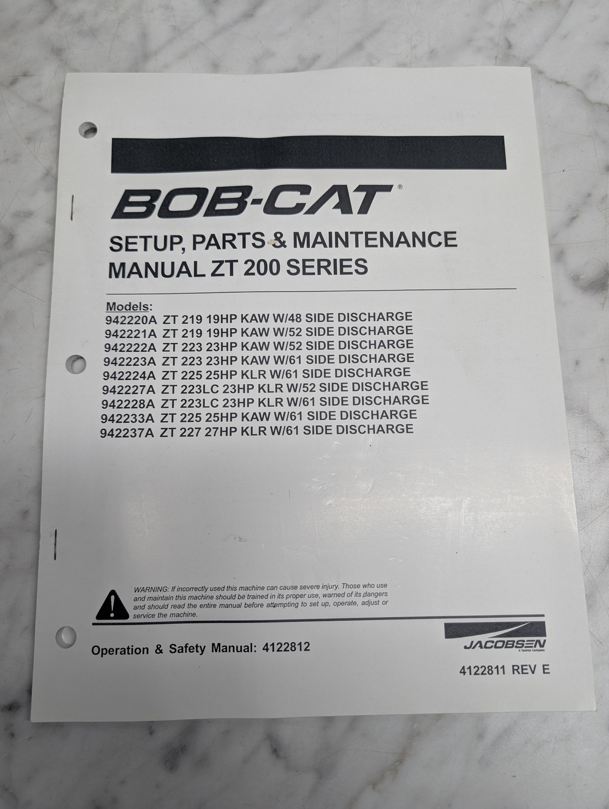 Bob-Cat Setup Parts Maintenance Manual Zt 200 Series 4122811 4122812 Jacobsen