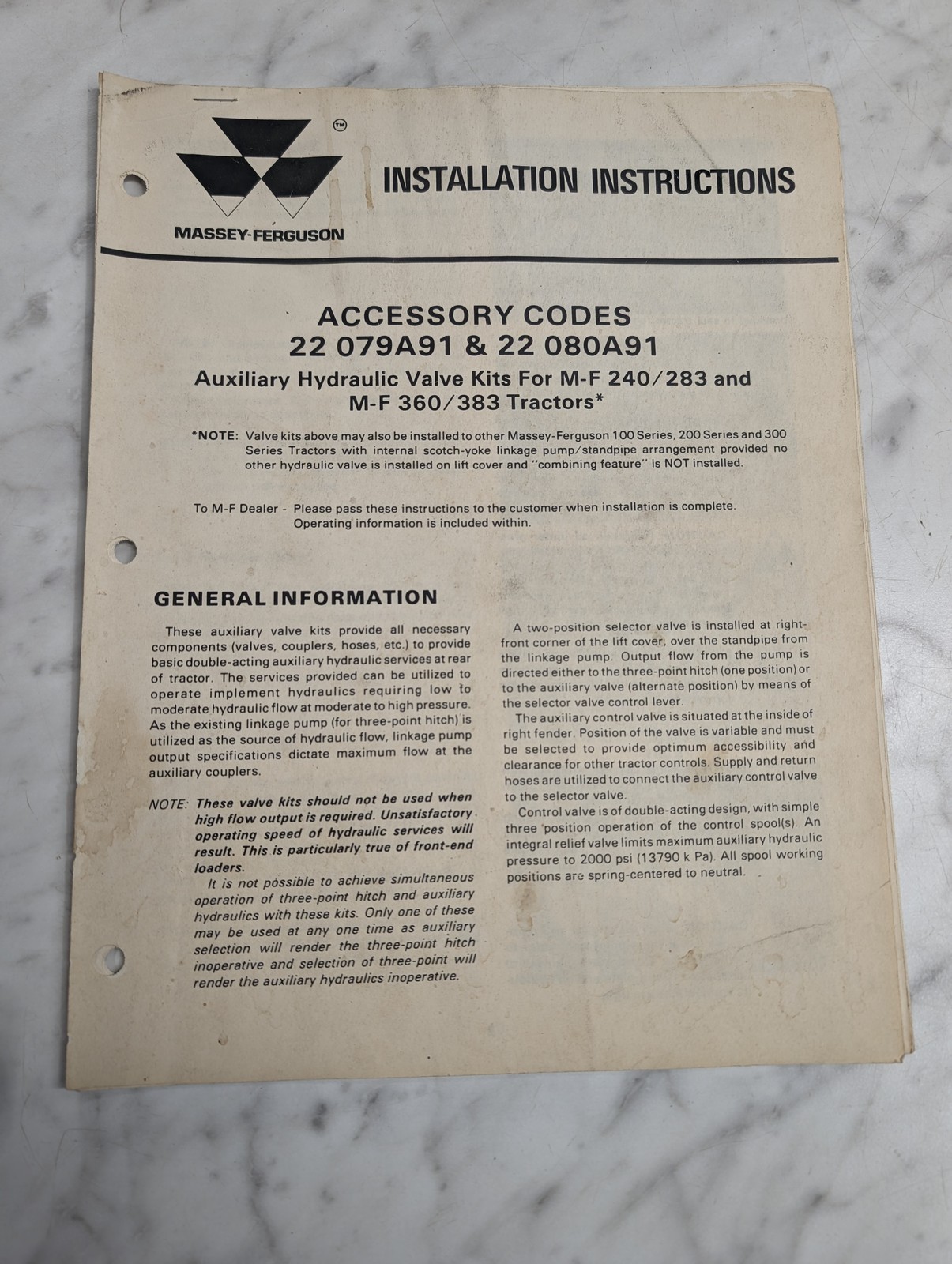 Massey-Ferguson 22 079A91 22 080A91 Installation Instructions Manual Guide Book