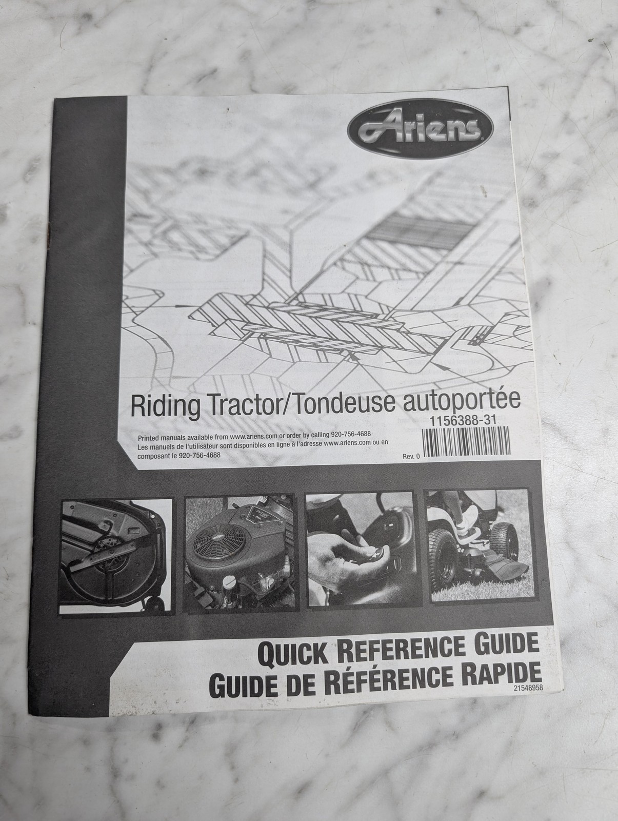 Ariens Riding Tractor 1156388-31 Quick Reference Guide Manual Book