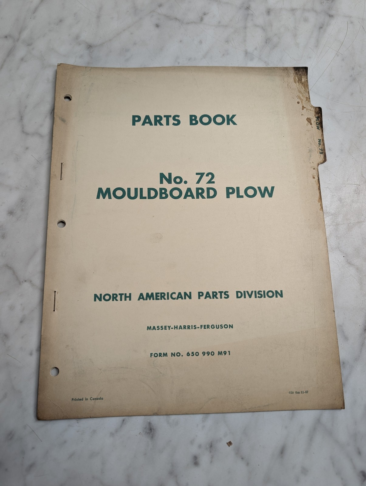 Massey-Harris-Ferguson No 72 Mouldboard Plow Parts Book Manual List Catalog