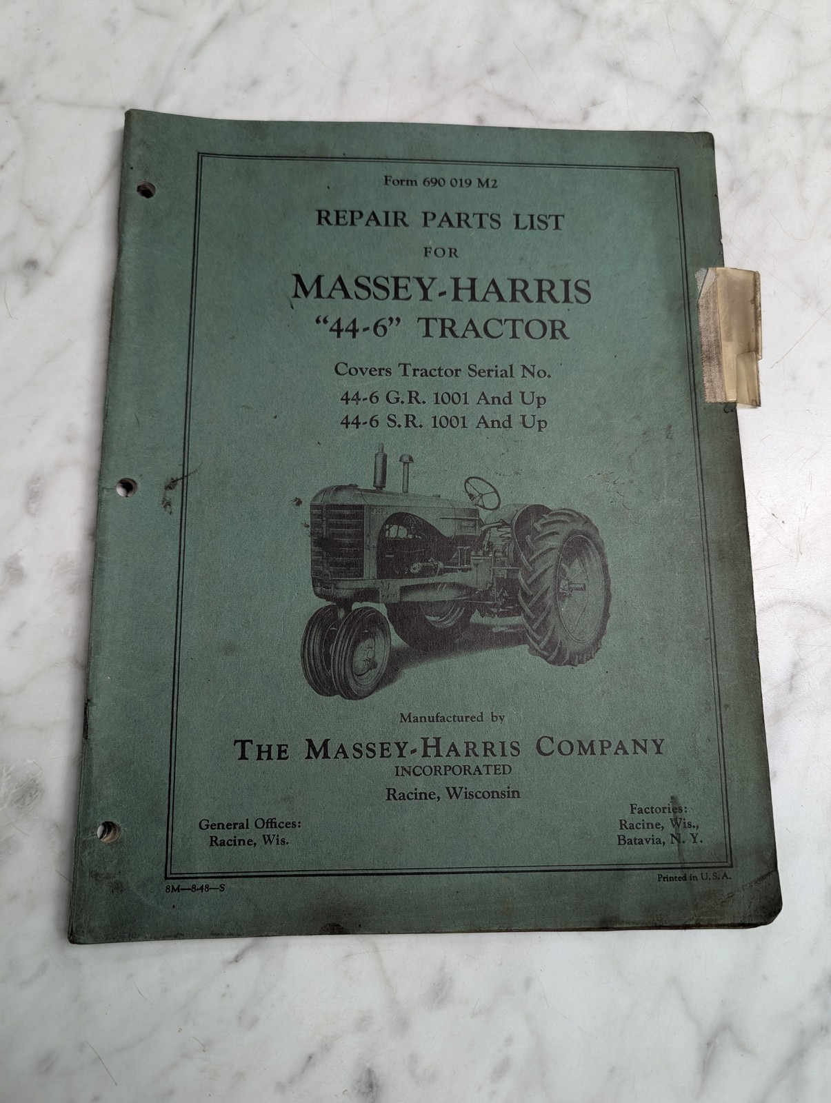 Massey-Harris 44-6 Tractor Repair Parts List Manual Catalog Book Form 690 019 M2