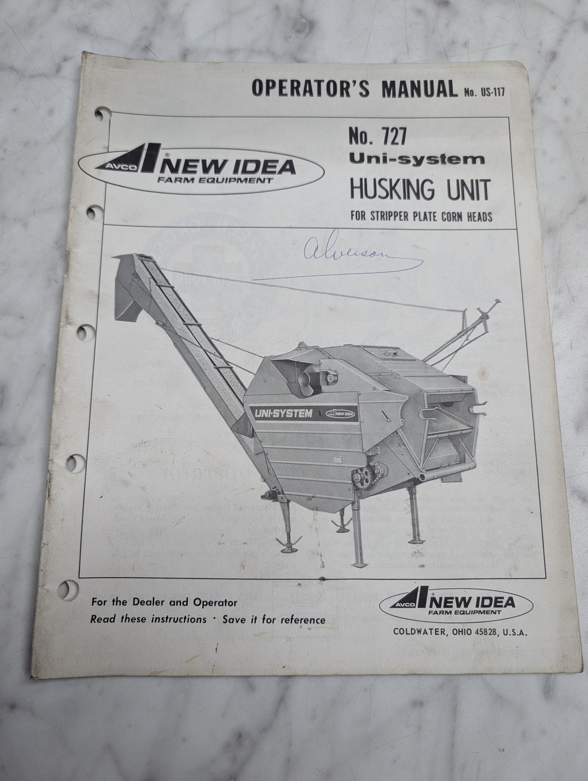 New Idea Farm Equipment No 727 Unisystem Husking Unit Operators Owners Manual