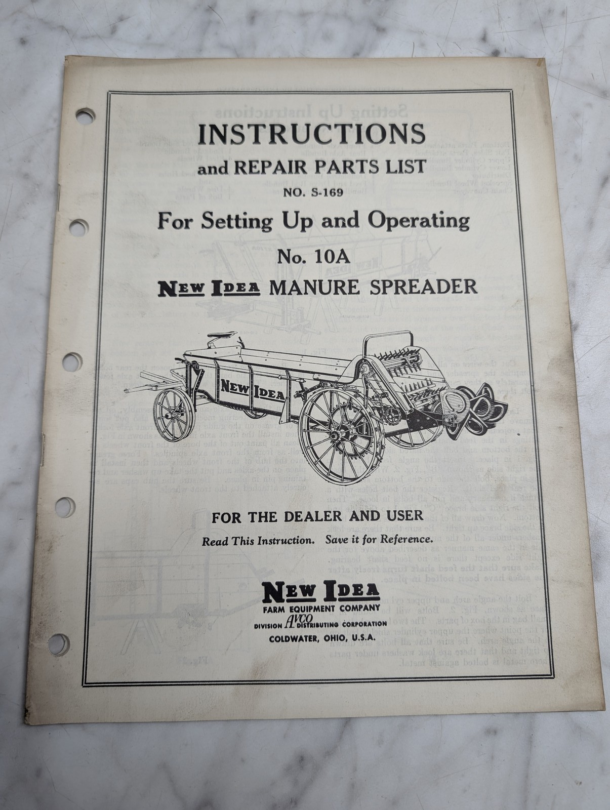 New Idea No. 10A Manure Spreader No. S-169 Instructions Repair Parts List Manual