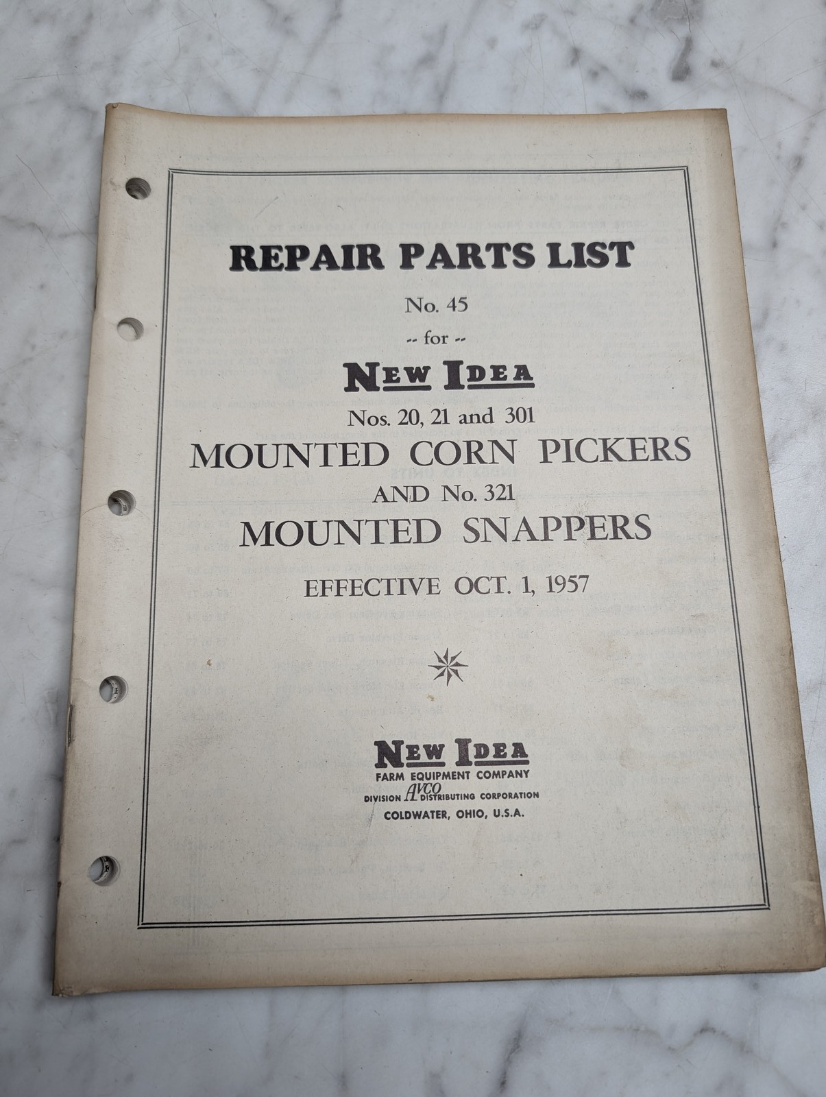 New Idea No. 45 20 21 301 321 Repair Parts List Manual Catalog Book 1957