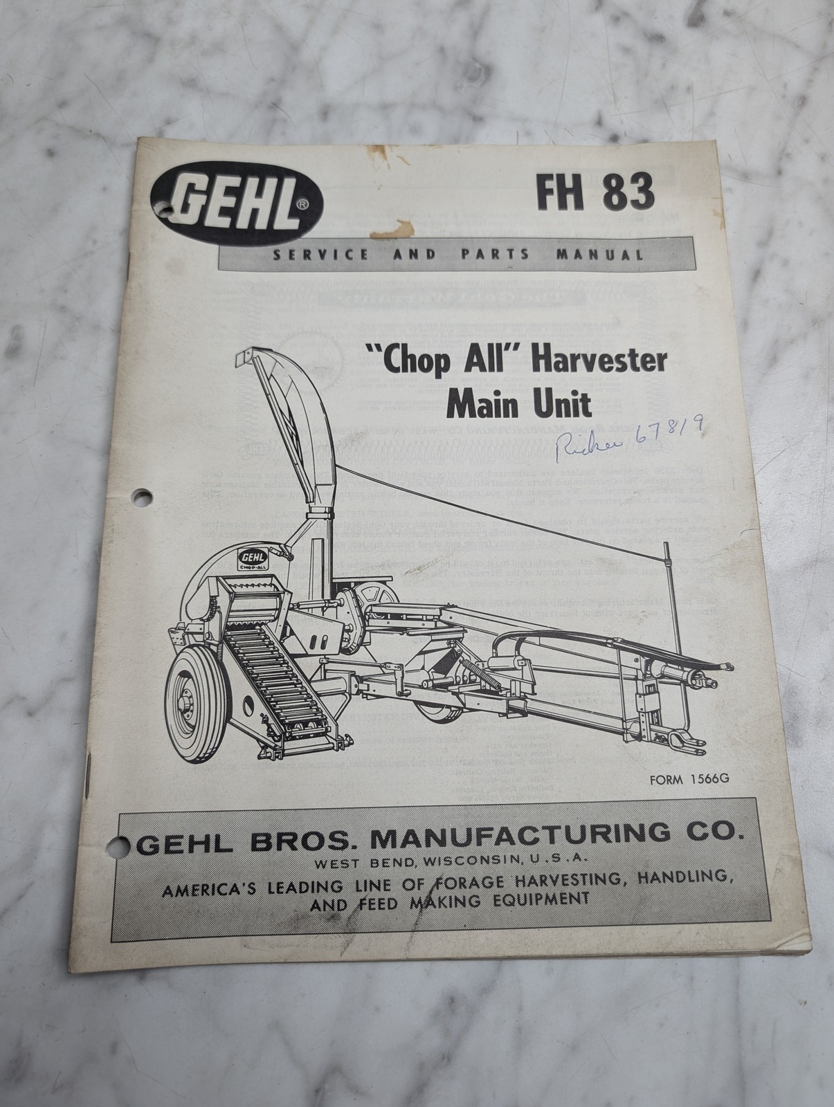 Gehl Fh 83 Service Parts Manual Chop All Harvester Main Unit List Catalog Book