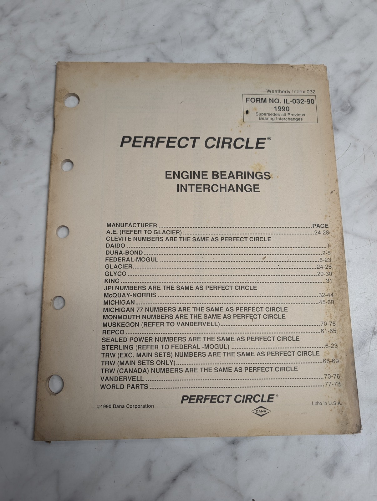 Perfect Circle Engine Bearings Interchange Manual Guide Book Reference 1990