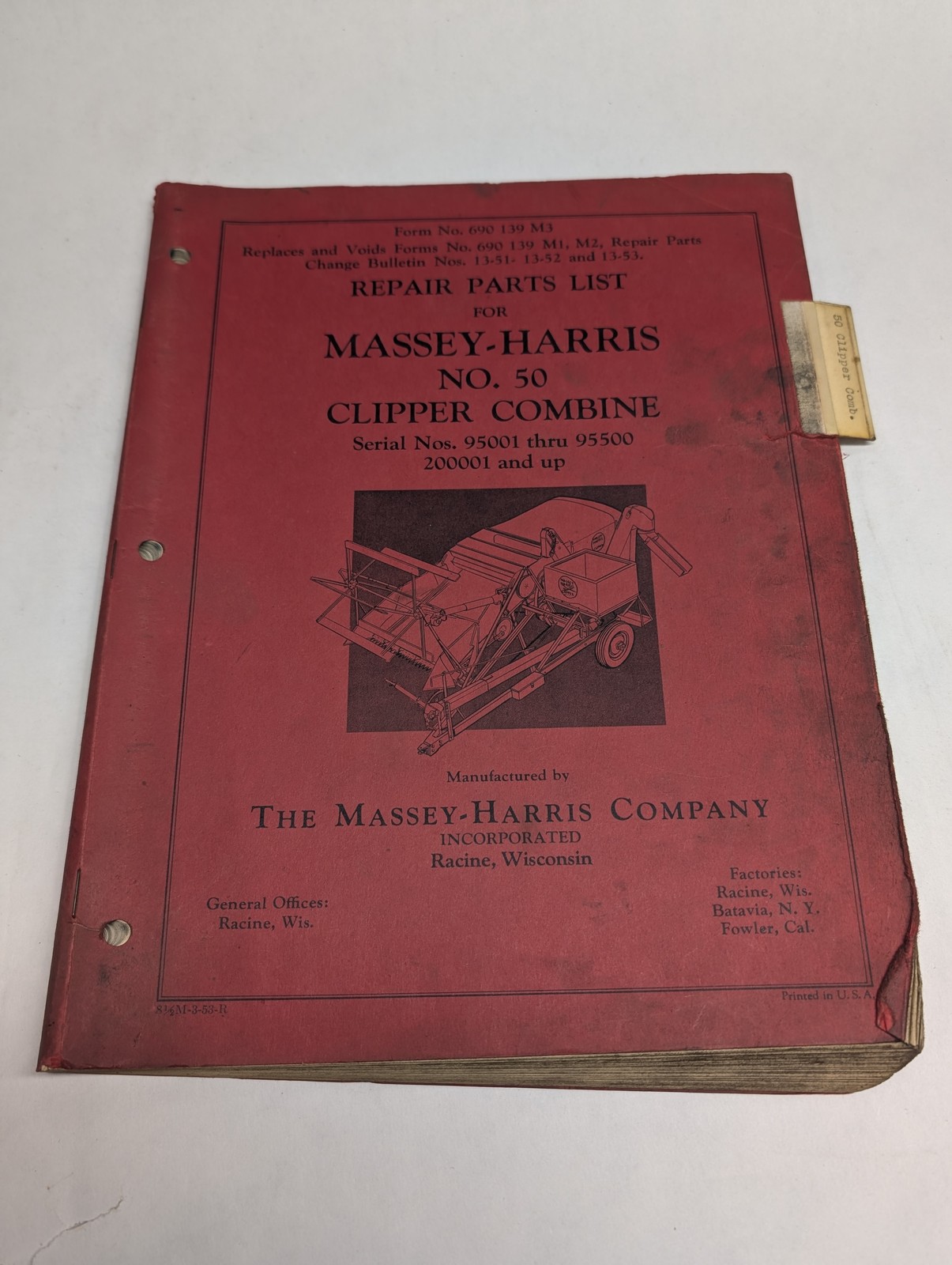 Massey-Harris No. 50 Clipper Combine 95001 95500 200001 Repair Parts Manual List