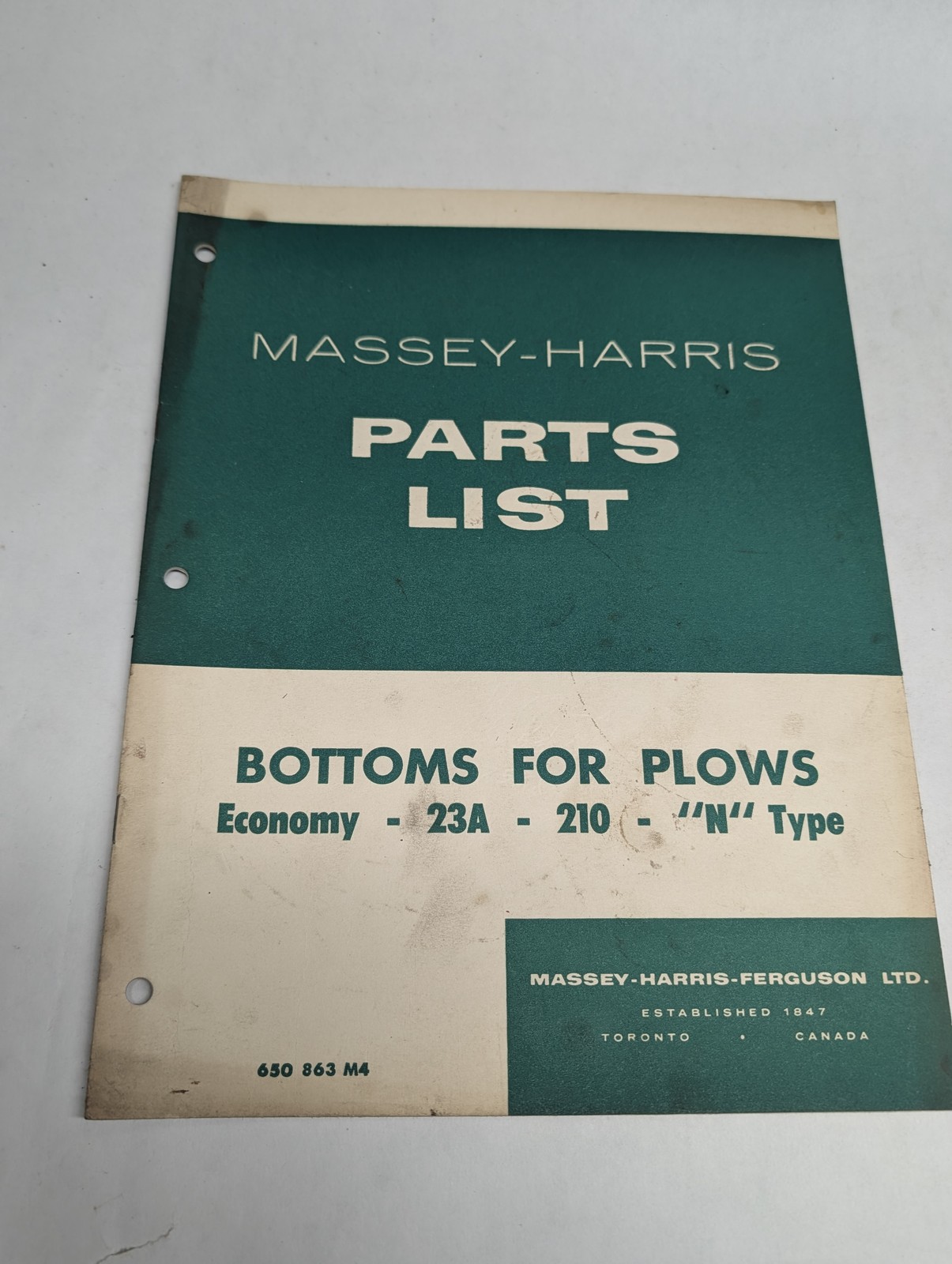Massey-Harris Parts List Bottoms For Plows Economy 23A 210 N Type Manual Book