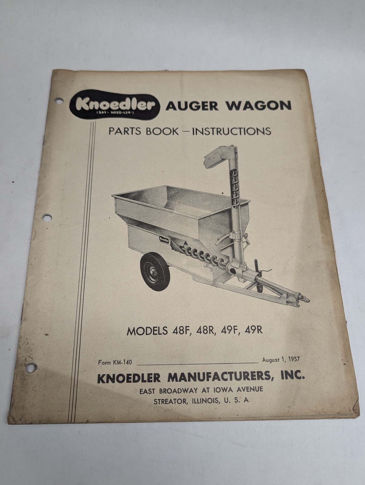 Knoedler Auger Wagon Models 48F 48R 49F 49R Parts Manual List Instructions 1957