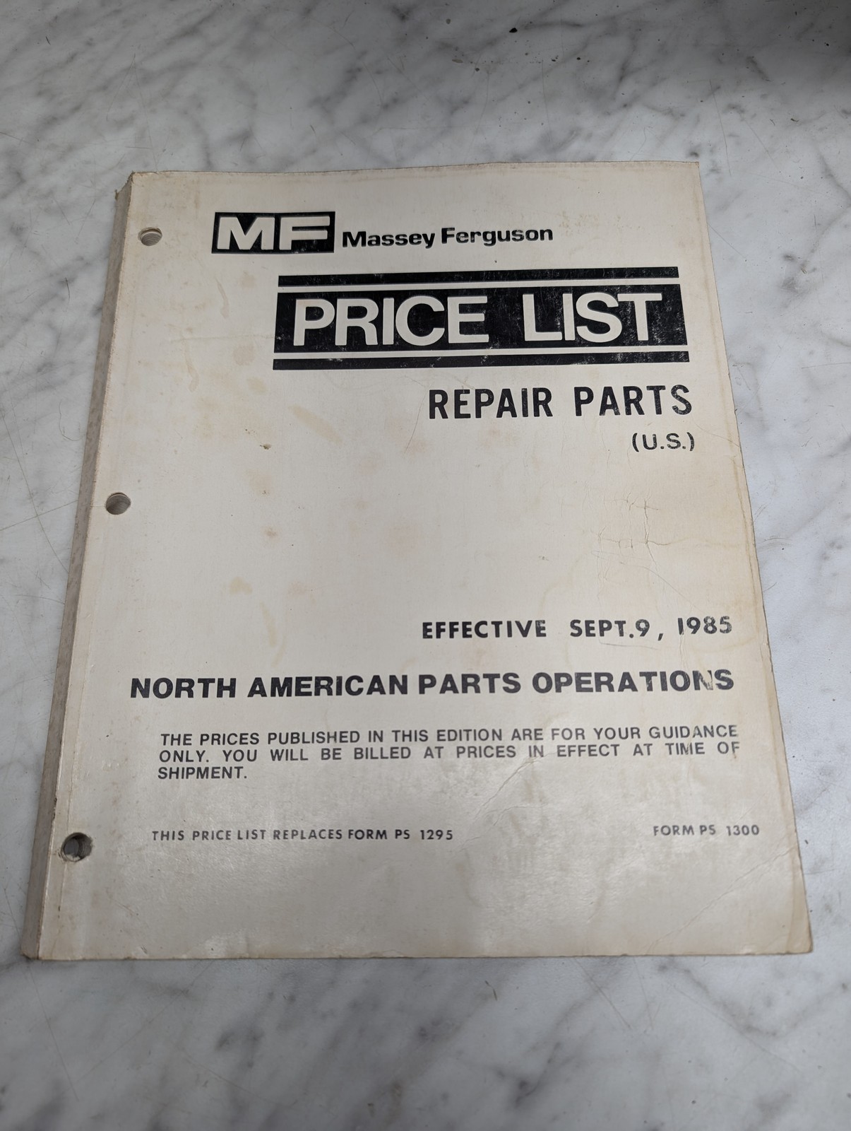 Massey Ferguson Price List Repair Parts North American Operations Manual 1985