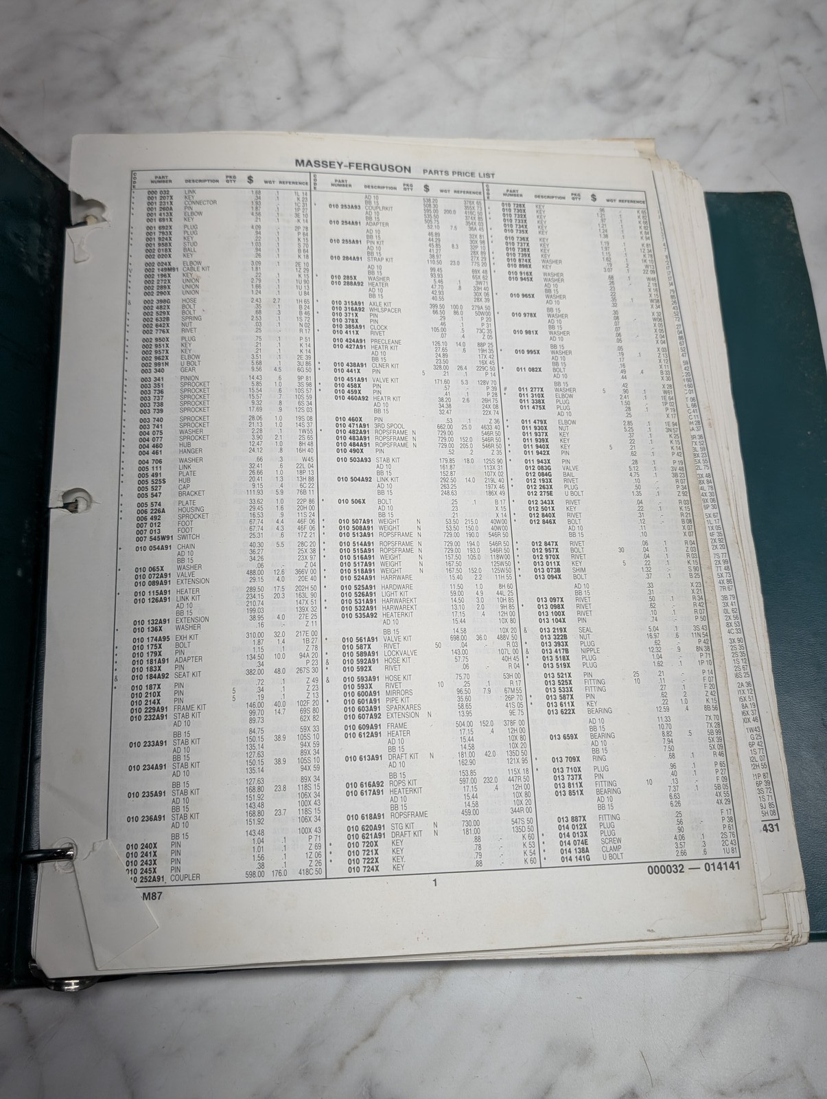 Massey-Ferguson Parts Price List Manual Parts Price List Book Sales Catalog 1987