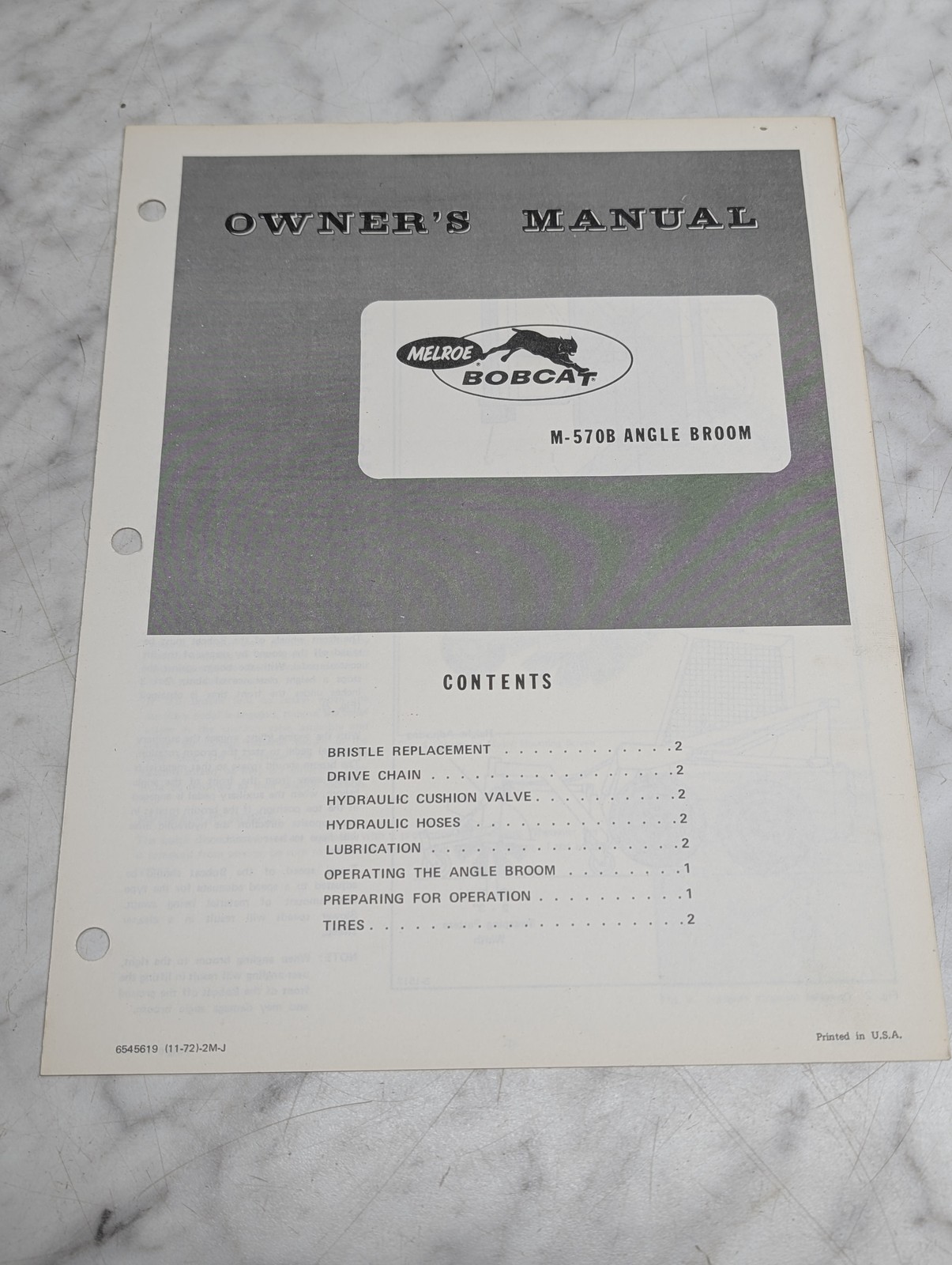 Melroe Bobcat M-570B Angle Broom 6545619 Owners Operators Guide Sheets