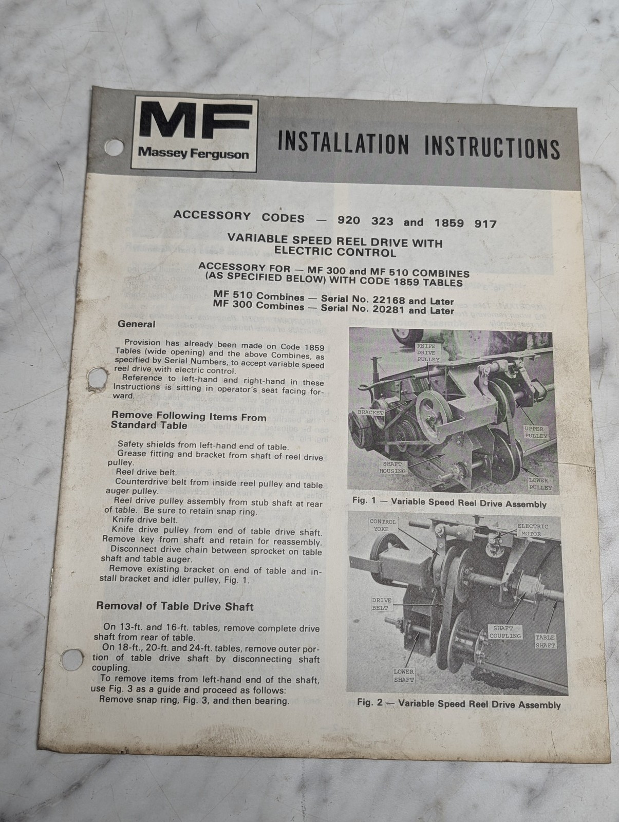 Massey Ferguson 300 510 Combines Installation Instruction Sheets Code 1859