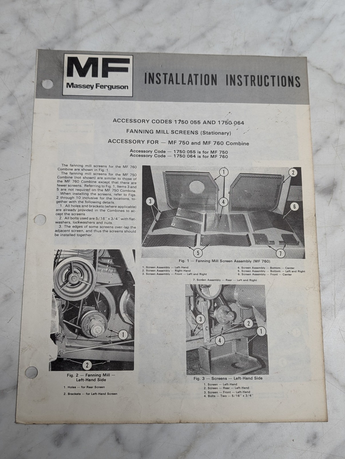 Massey Ferguson 750 760 Combine 1750 055 1750 064 Installation Instructions