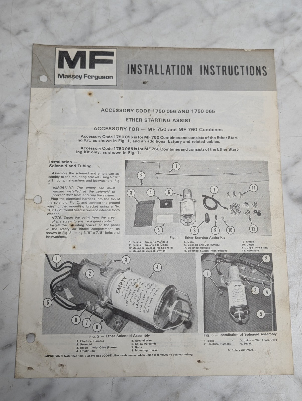 Massey Ferguson 750 760 Combines 1750 056 1750 065 Ether Starting Assist Install