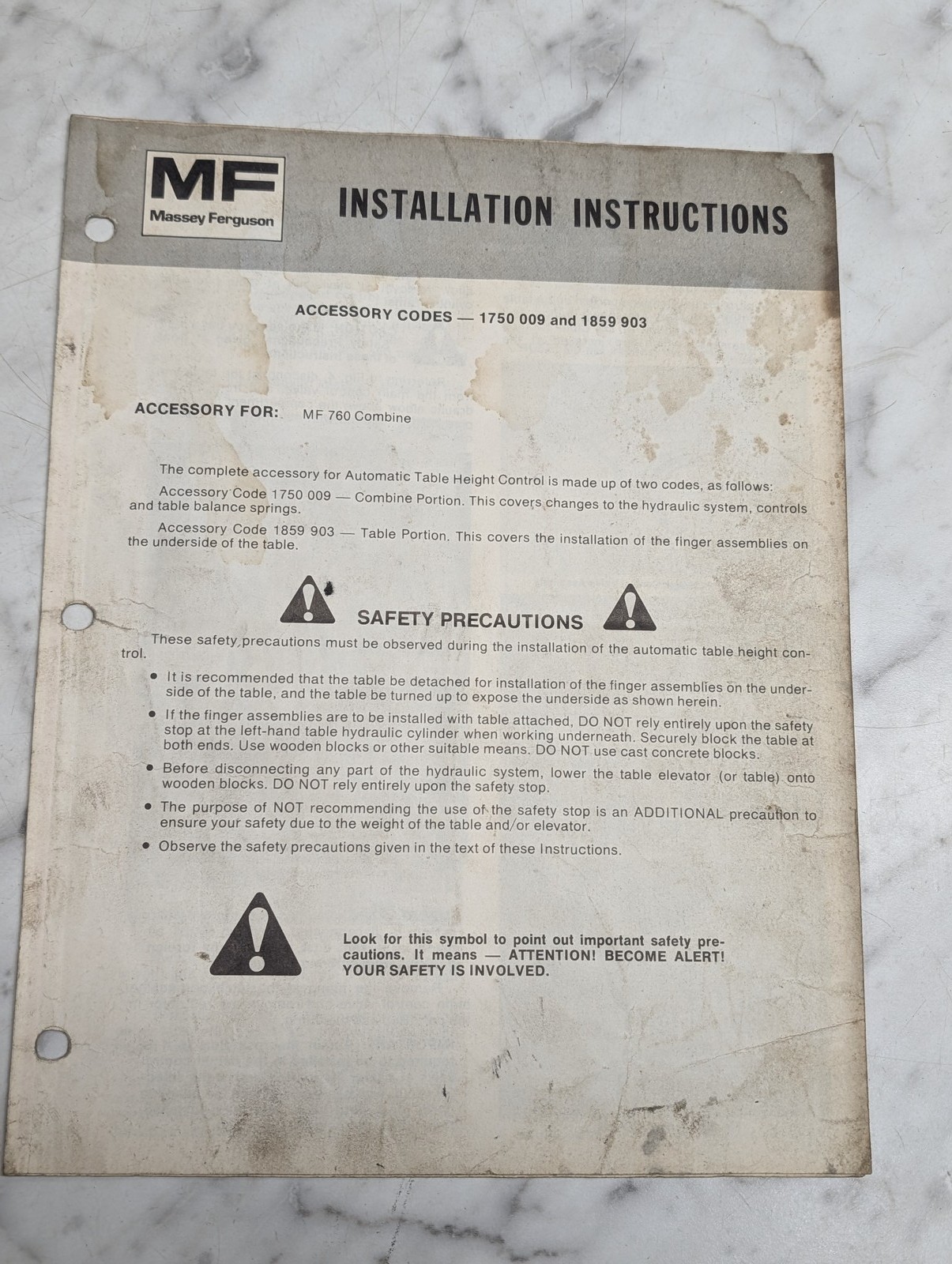 Massey Ferguson 760 Combine 1750 009 1859 903 Installation Instructions Sheets
