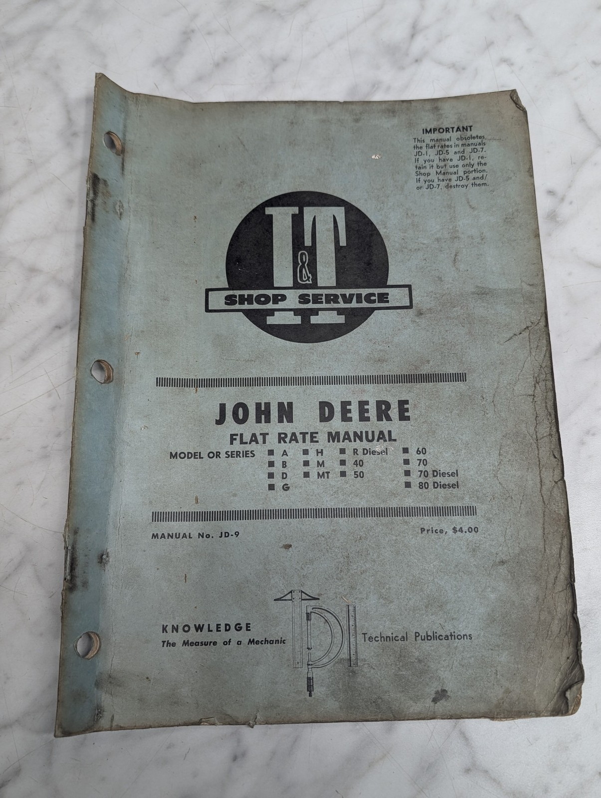 Flat Rate Manual John Deere A B D G H Mt R Diesel 40 50 60 70 80 I&T Jd-9