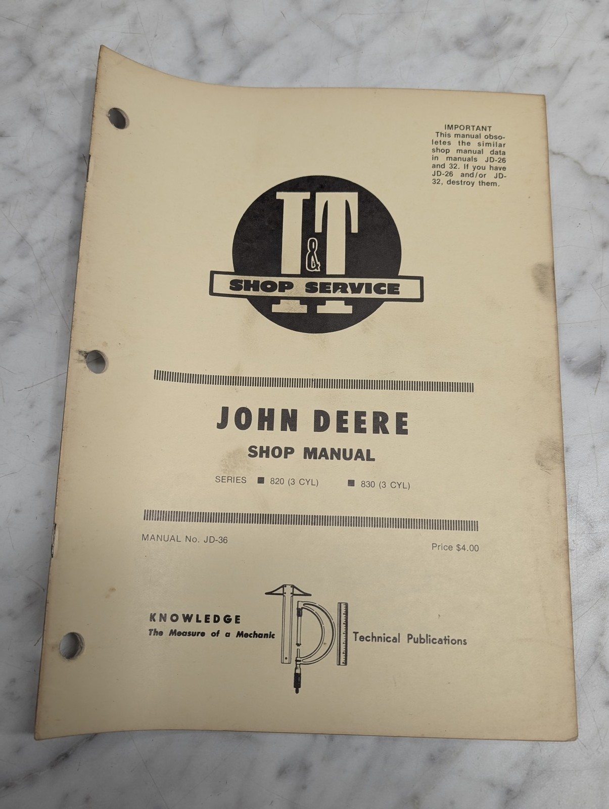 John Deere Jd Shop Manual Series 820 830 3 Cyl Service Repair Shop I&T Jd-36