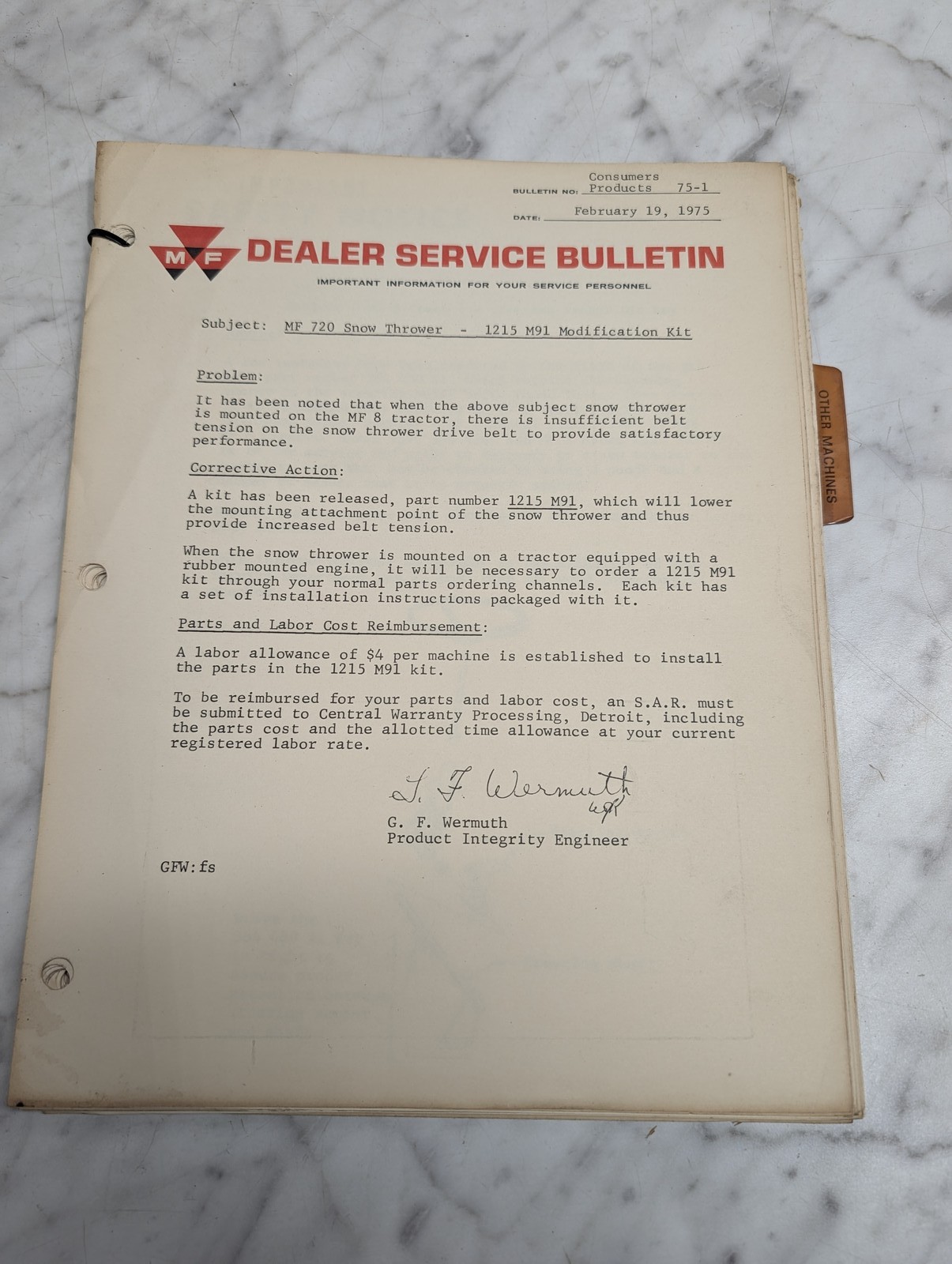 Massey Ferguson Mf “Other Machines Section” Dealer Service Bulletins 1975—1977