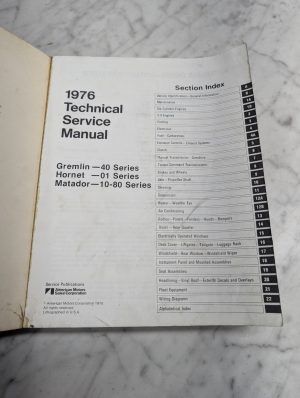 Amc Gremlin Series Hornet Matador Technical Service Manual 1976