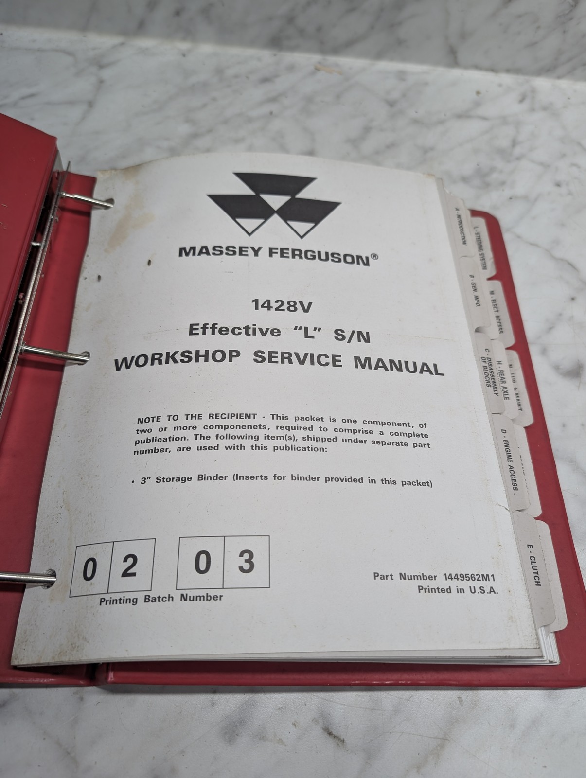 Massey Ferguson 1428V Workshop Service Manual Repair Maintenance Shop