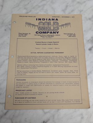 Indiana Cold Weld Dealer Net Price List Effective November 1 1974