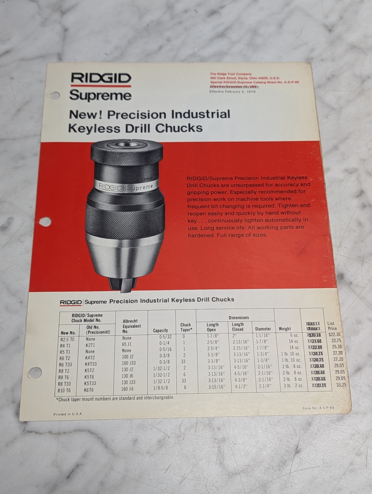 Ridgid Supreme Precision Industrial Keyless Drill Chucks Catalog Sheet No Asp 69