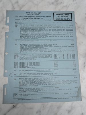 Porter Cable Belt Grinders Price List No 402 Effective May 11 1953 Book