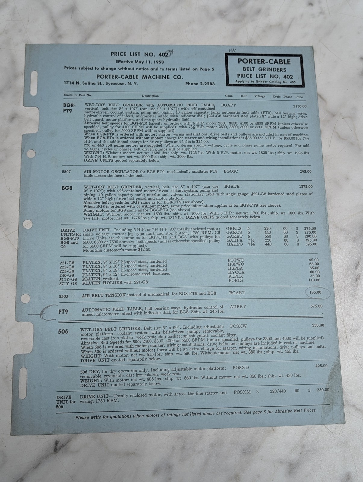 Porter Cable Belt Grinders Price List No 402 Effective May 11 1953 Book