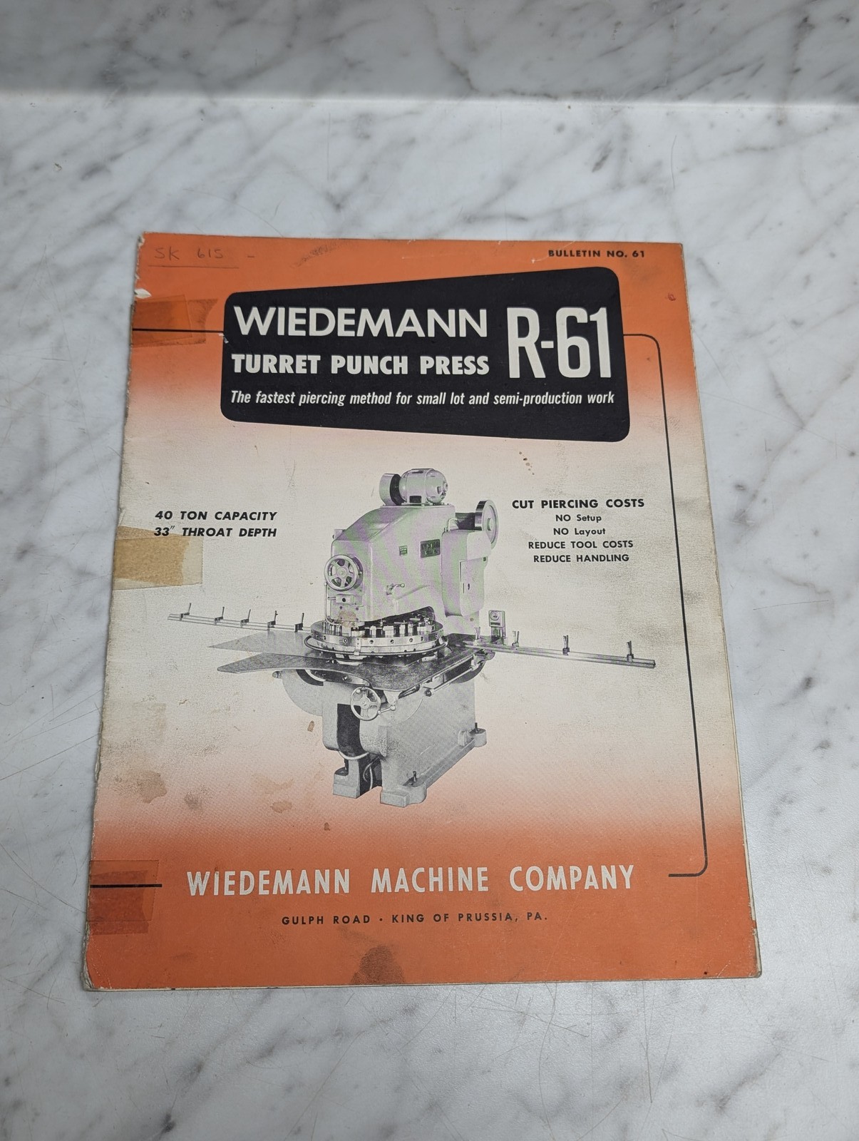 Wiedemann R-61 Turret Punch Press Bulletin No. 61 Sales Literature Brochure