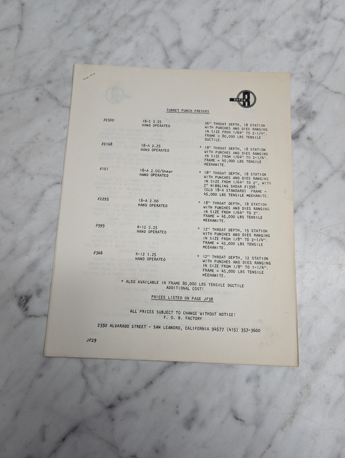 Rotex Turret Punch Presses 18 C A R 12 Hand Operated Price List Sales