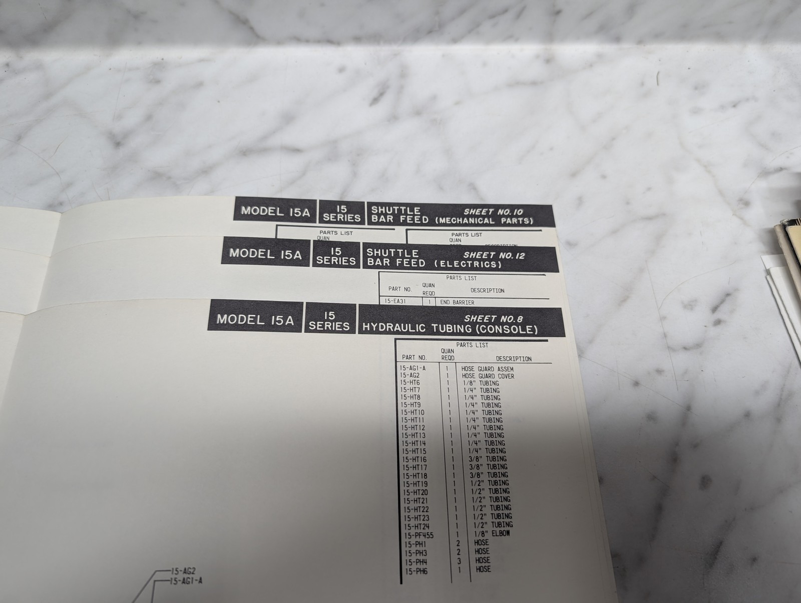 Model 15A 15 Series Shuttle Bar Feed Parts List Sheet No 10 12 8 Monarch
