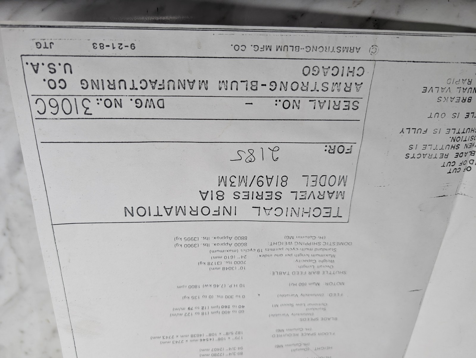 Armstrong Blum Marvel Series 81A Model 81A9 M3M Dwg No 3106C Info