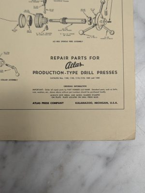Atlas Production Type Drill Presses Repair Parts For Catalog Nos 1100 1105