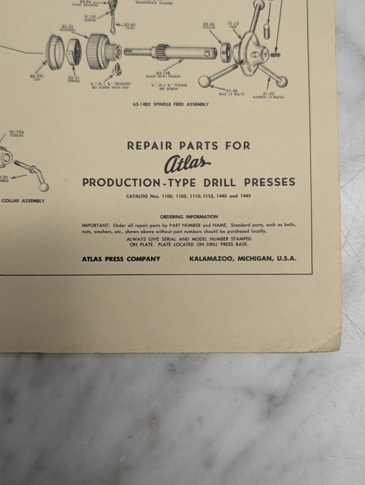 Atlas Production Type Drill Presses Repair Parts For Catalog Nos 1100 1105