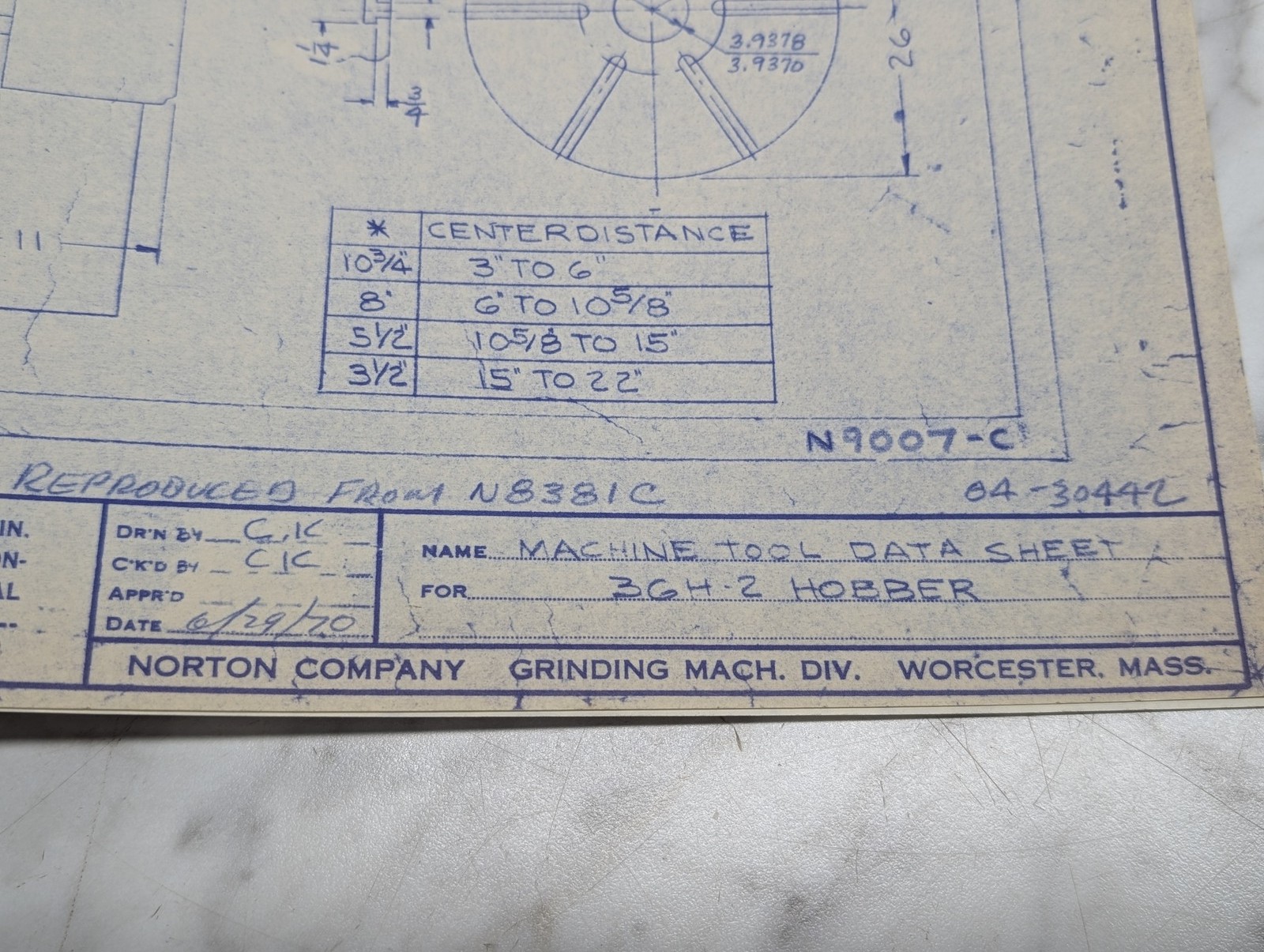 Norton 36H-2 Hobber Machine Tool Data Sheet N9007-C 04-3044L