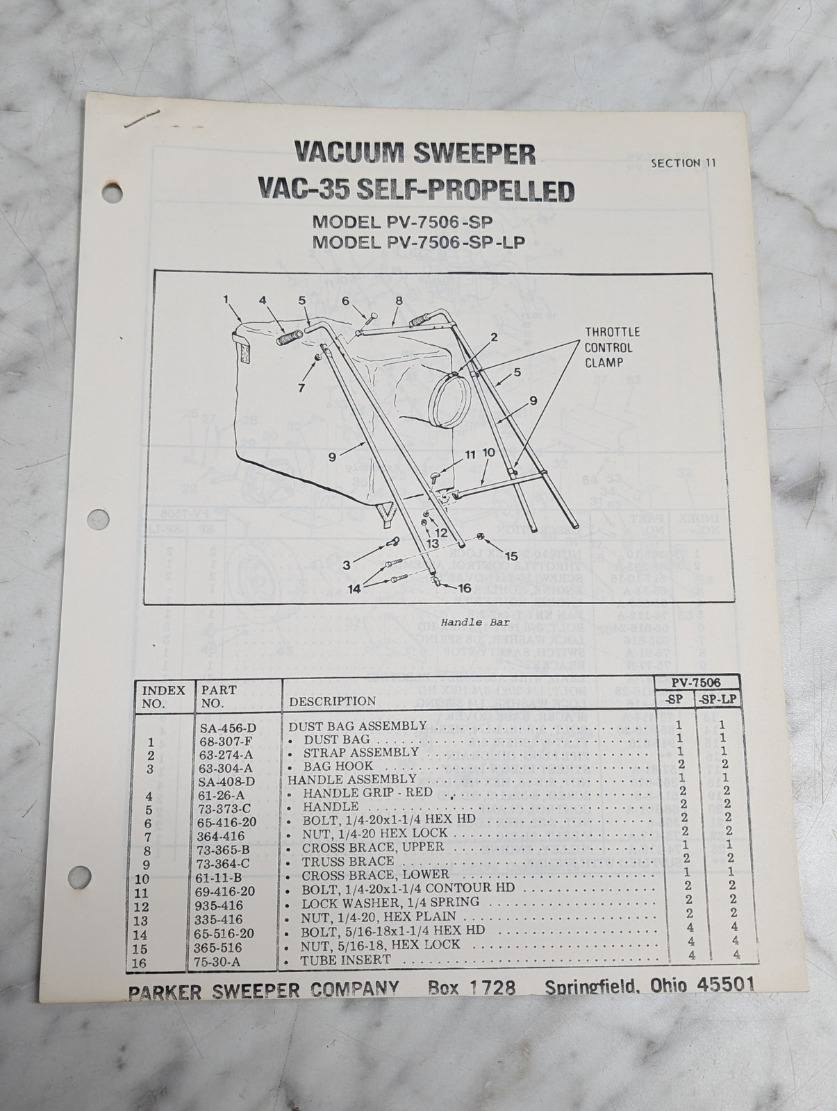 Parker Sweeper Vac-35 Vacuum Pv-7506-Sp Pv-7506-Sp-Lp Parts List