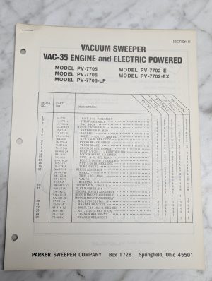 Parker Sweeper Vacuum Vac 35 Pv 7705 7706 7702 Parts List