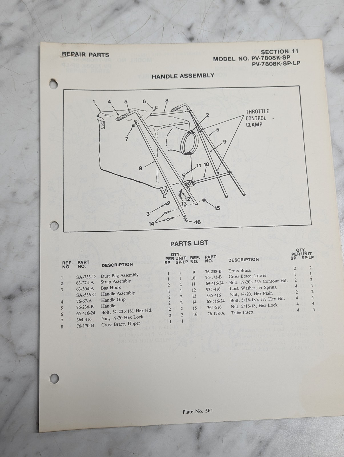 Repair Parts Section 11 Model No Pv 7808K Sp Lp List Parker Sweeper