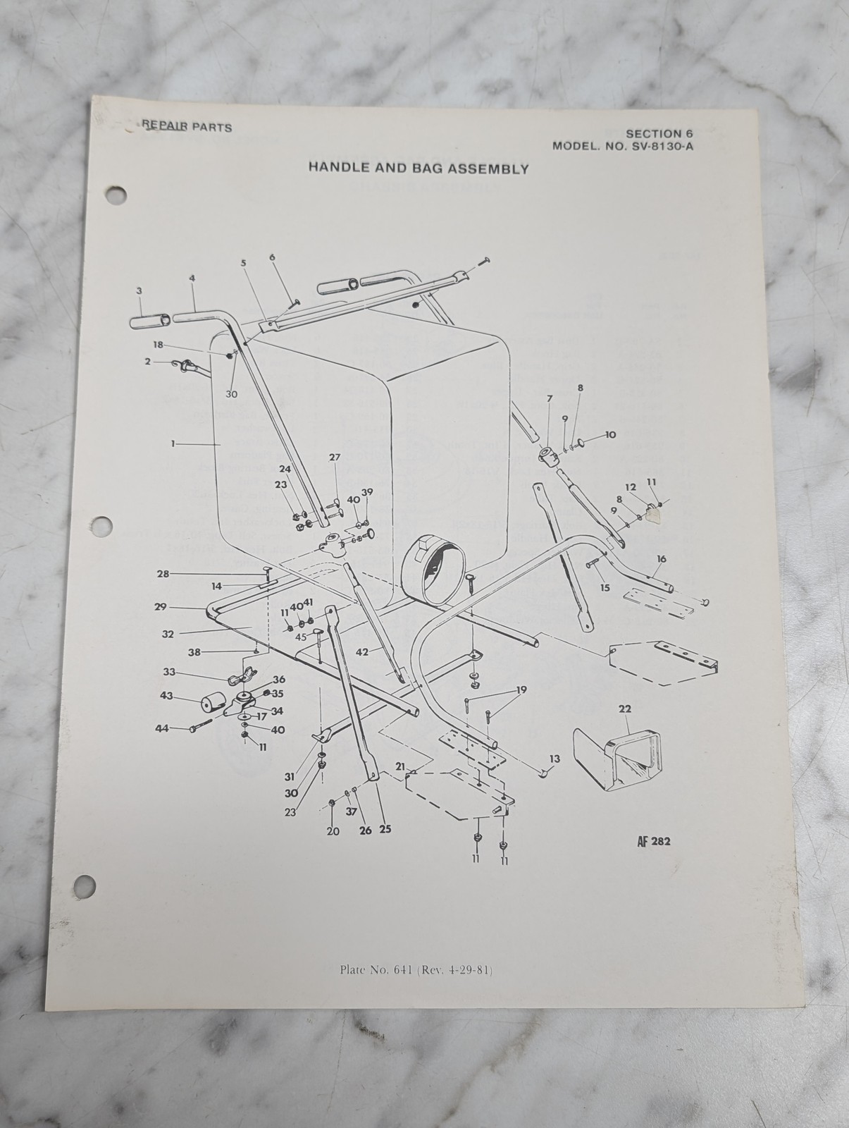 Repair Parts Handle Bag Assembly Section 6 Model No Sv 8130 A Af 282 Parker