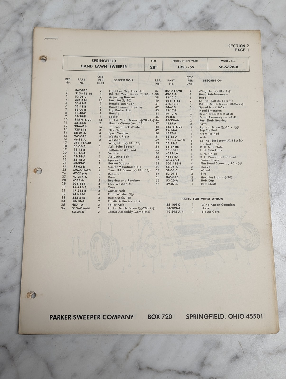 Parker Sweeper Springfield Hand Lawn Sp 5628 A 1958 59 Parts List