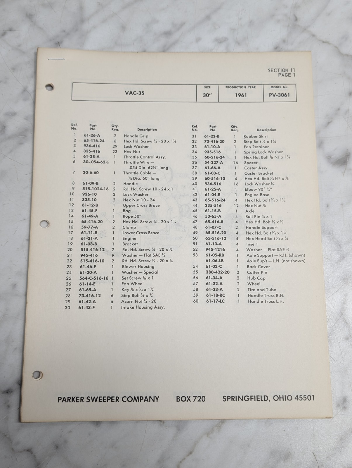 Parker Sweeper Vac 35 Pv 3061 30 Production Year 1961 Section 11 Parts List