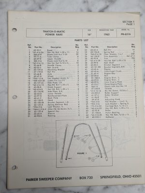 Parker Sweeper Thatch O Matic Power Rake Pr 6316 Parts List 1963