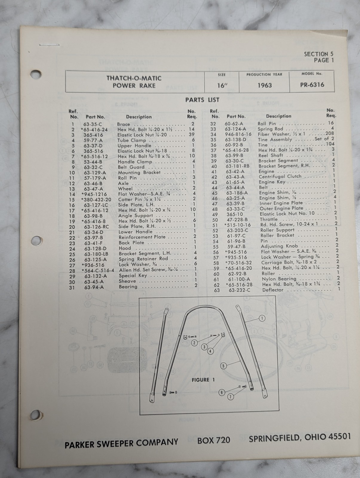 Parker Sweeper Thatch O Matic Power Rake Pr 6316 Parts List 1963