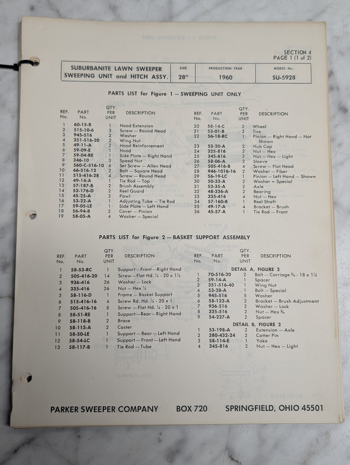 Parker Sweeper Suburbanite Lawn Su 5928 1960 Parts List