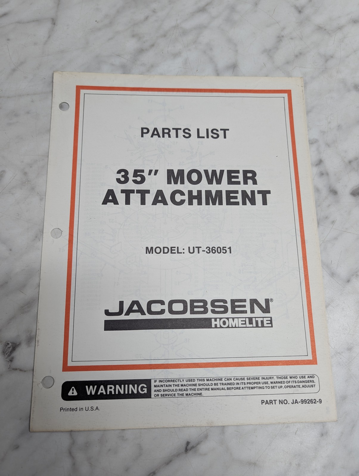 Jacobsen Homelite Ut 36051 35 Mower Attachment Ja 99262 9 Parts List Manual