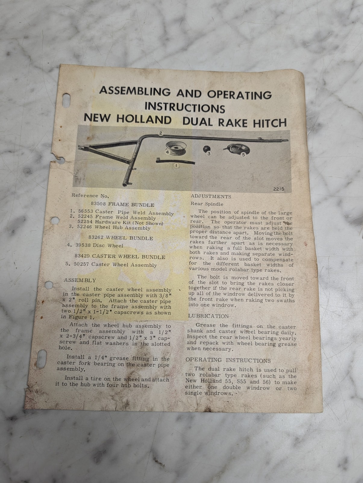 New Holland Nh 55 55S 56 Dual Rake Hitch 2215 Assembling Operating Instructions