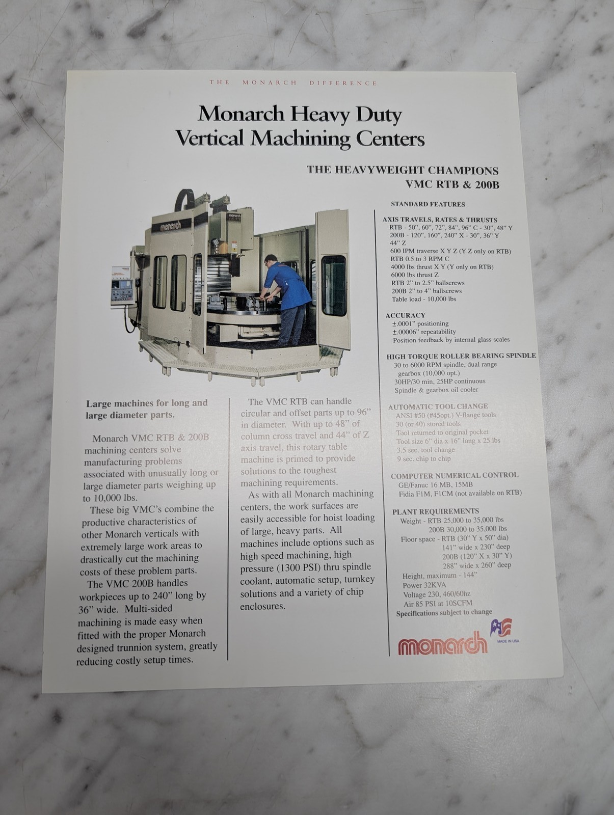 Monarch Vmc Rtb Heavy Duty Vertical Machining Centers Sales Brochure Catalog